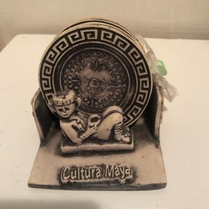 Set of coasters with Mayan calendar in them- Holder says Cultura Maya